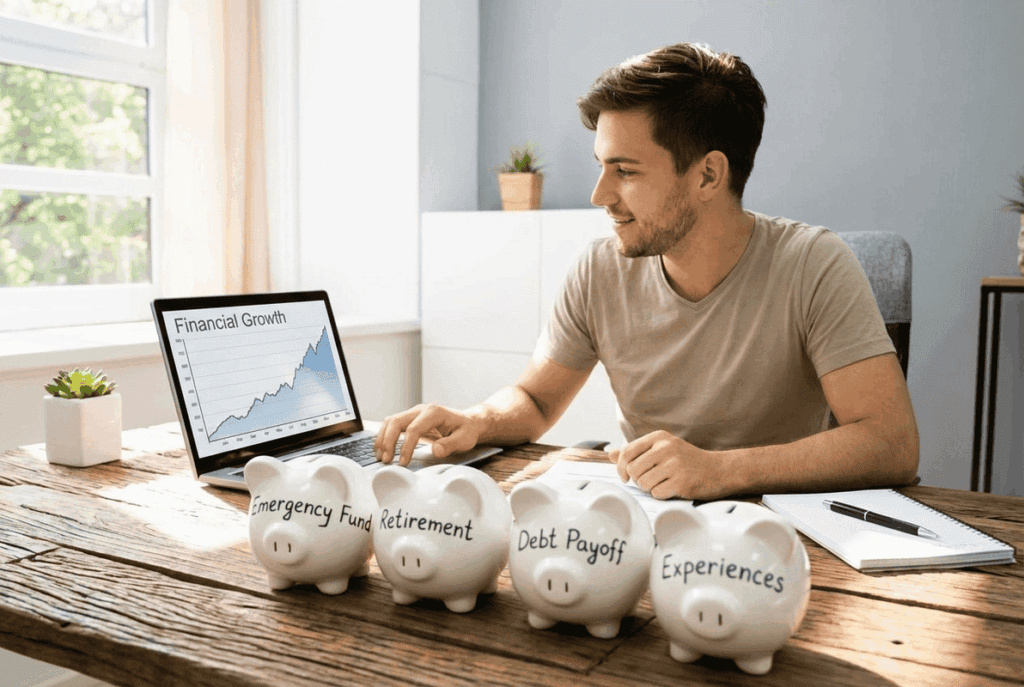 A young person sitting confidently at a desk with four large, clearly labeled piggy banks: one for "Emergency Fund," one for "Retirement," one for "Debt Payoff," and one for "Experiences." The person is looking at a laptop screen displaying a line graph showing steady financial growth.