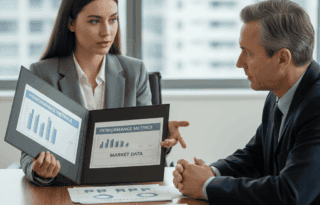 person confidently presenting a meticulously organized folder of documents labeled 