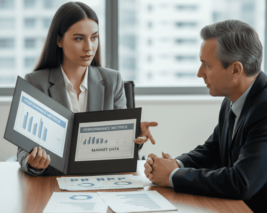 person confidently presenting a meticulously organized folder of documents labeled "Performance Metrics" and "Market Data" to a manager across a meeting table. The person's posture is assertive, and the manager is listening intently.