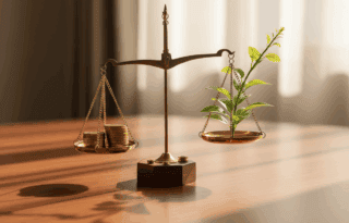 A vintage brass scale on a wooden desk balancing a stack of gold coins on the left with a small green plant on the right, representing the balance between saving money and growing wealth over time.