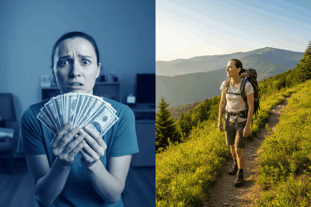 A visual comparison showing a person transitioning from the stress of managing bills to the freedom of hiking outdoors, illustrating the emotional reward of staying motivated on a financial journey.