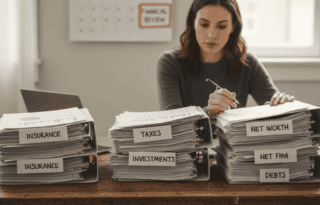 A person sitting at a large wooden table with five distinct stacks of financial documents, each labeled with a marker indicating one of the five checkpoints (e.g., 