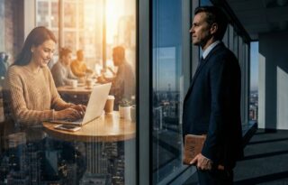 A person standing at a crossroads holding a notebook labeled Plan B, visualizing the transition from employee to freelancer.