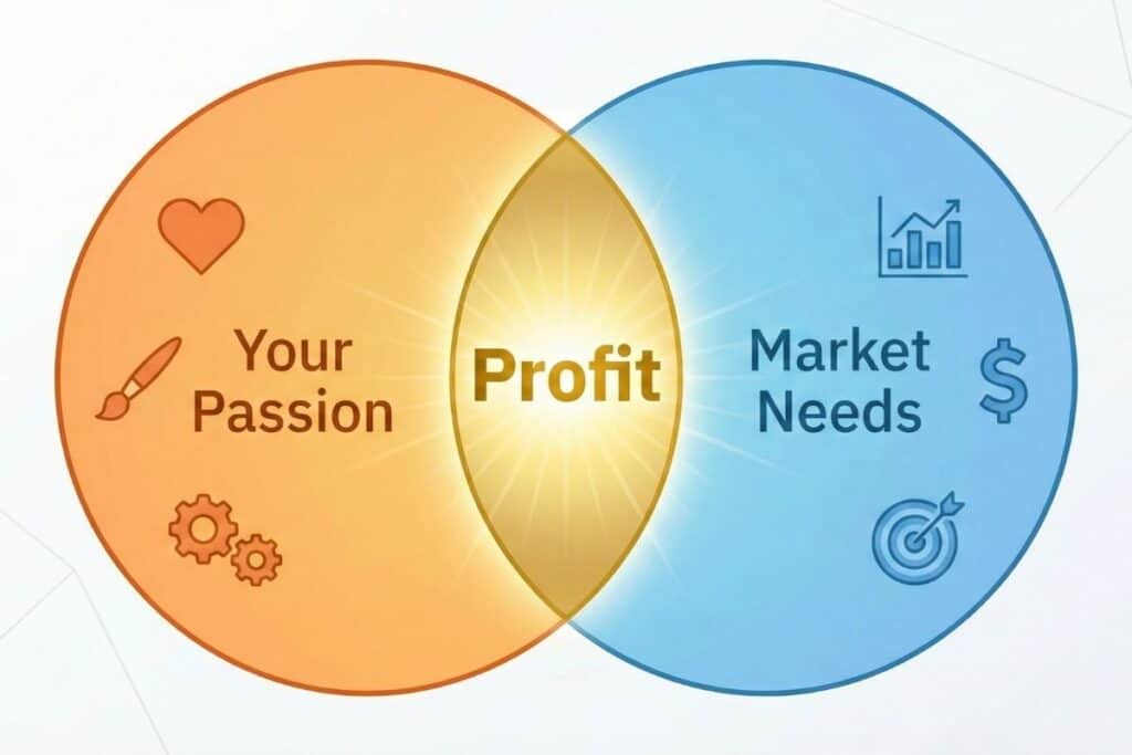 A Venn diagram illustrating the intersection of your passion and market needs, showing where profitable skills exist.