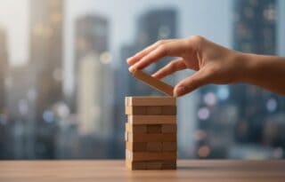 A hand balancing a wooden block tower with a city background, symbolizing the balance of risk and stability in investing.
