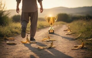A person walking on a path stepping over banana peels representing investing mistakes, heading towards a golden trophy.