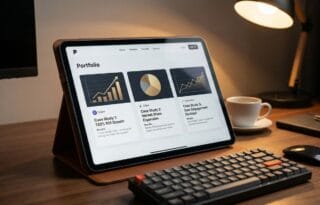 A digital portfolio displayed on a tablet screen showing case study thumbnails and results, representing the key to better-paying opportunities.