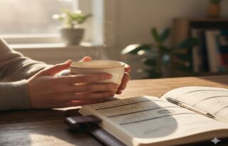 A close-up, cozy shot of a person’s hands holding a high-quality ceramic coffee cup in a sunlit room, with a leather-bound financial planner open on a wooden table, symbolizing the balance between enjoyment and planning.