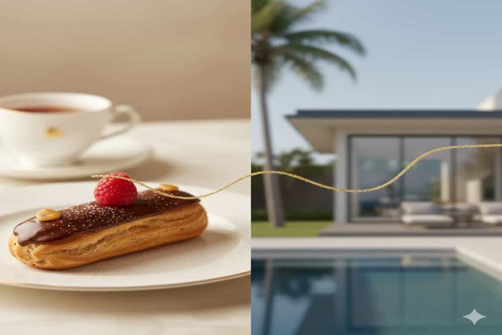 A split-composition image showing a small daily luxury like a gourmet pastry on the left, and a blurred background of a dream vacation home on the right, connected by a golden thread, illustrating the connection between small treats and big dreams.
