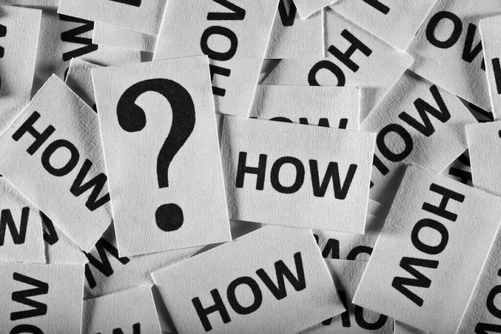 A prominent question mark among several tags with the word HOW, addressing the questions on how to start financial planning.