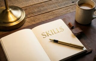 A professional notebook on a desk with the word SKILLS highlighted in gold, representing how to identify skills you already have that people will pay for.