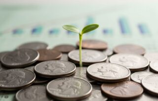 A small green sprout growing out of a pile of coins, symbolizing growth when investing on a tight budget.
