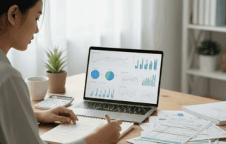 A person sitting at a desk, looking determined, surrounded by piles of documents and a laptop showing financial graphs. One hand is holding a pen over a notebook with a detailed budget plan. The background is slightly blurred, emphasizing focus and determination.