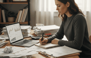 A person sitting at a desk, looking determined, surrounded by piles of documents and a laptop showing financial graphs. One hand is holding a pen over a notebook with a detailed budget plan. The background is slightly blurred, emphasizing focus and determination.