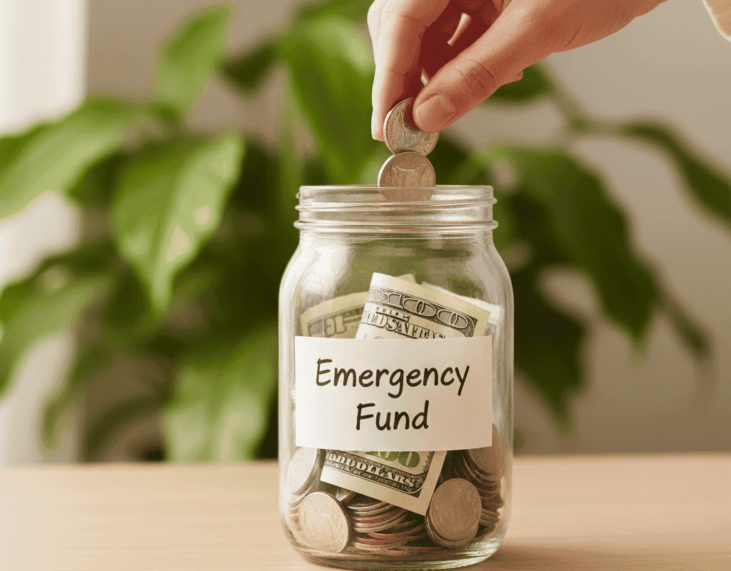 A hand is meticulously placing small coins and folded banknotes into a clear glass jar labeled "Emergency Fund." The jar is partially filled, symbolizing the rebuilding process. The background shows a blurry image of a vibrant, growing plant, representing future financial growth and resilience.