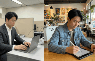 Split screen showing a professional working a corporate job on the left and a creative side project on the right, illustrating how to test a new career path.