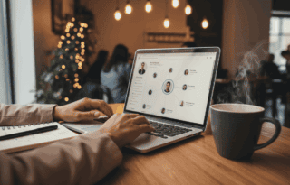 A professional analyzing a digital network graph on a laptop screen in a coffee shop, representing strategic planning for income growth.