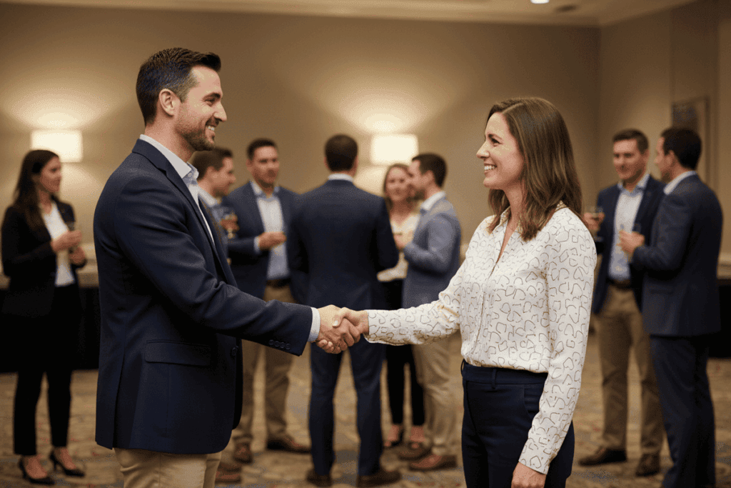 Two professionals shaking hands at a networking mixer, symbolizing a successful business agreement and income opportunity.