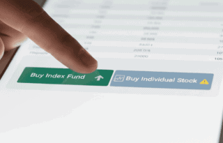 A person's hand is hovering over two buttons on a modern financial app interface. One button says 