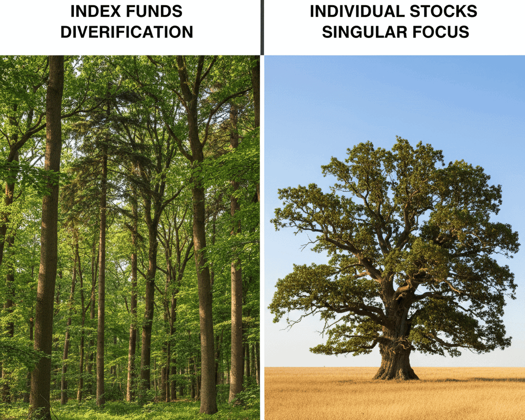 A split image. On the left, a vibrant, lush forest with many diverse trees (representing index funds). On the right, a single, towering oak tree standing alone in a field (representing individual stocks). The visual contrast highlights diversification vs. singular focus.