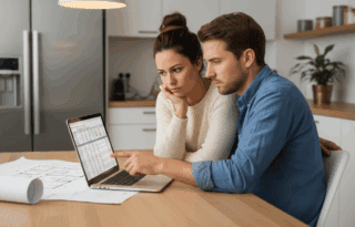 A focused couple in their 30s reviewing architectural blueprints and a digital spreadsheet on a laptop at their kitchen table, analyzing costs for a future home purchase.