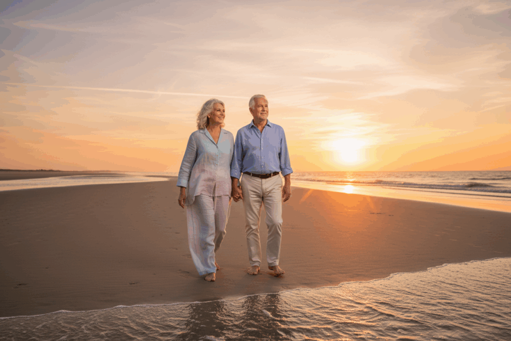 An elderly couple walking peacefully along a beach at sunset, representing the financial security and freedom of a well-planned retirement.