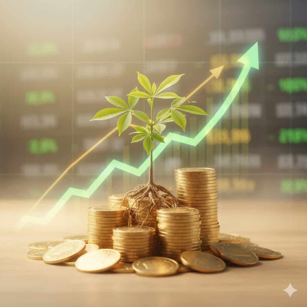 A conceptual visualization of compound interest featuring a small green plant growing out of a stack of gold coins against a blurred background of a rising financial graph, symbolizing long-term wealth accumulation.