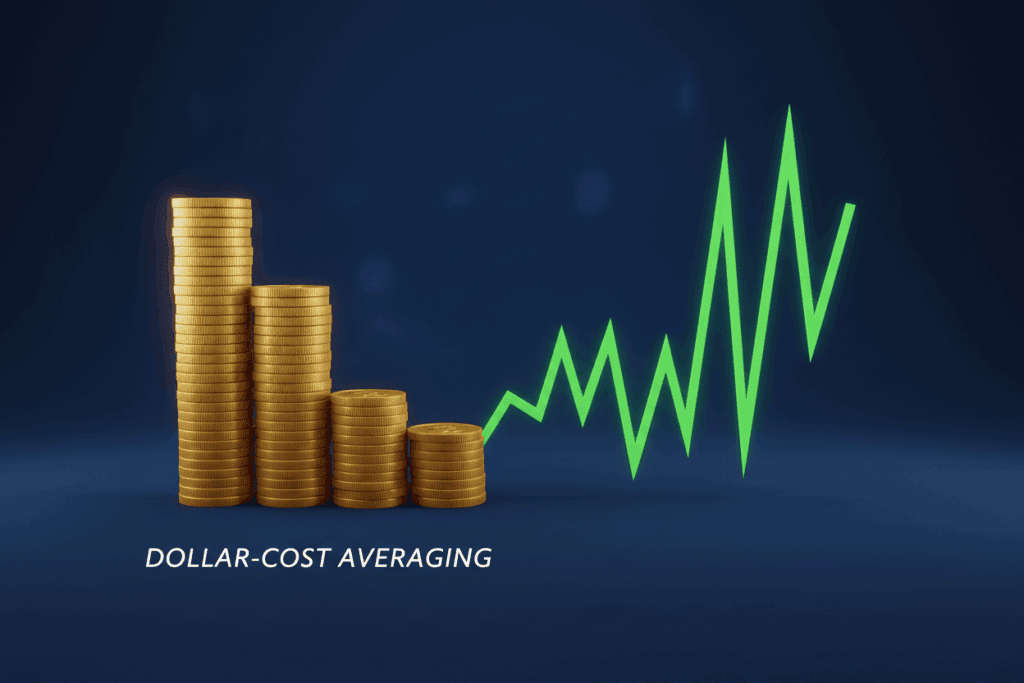 A relaxed man reading a book in a sunny living room while a laptop in the background displays a red stock market crash chart, illustrating the peace of mind of dollar-cost averaging.