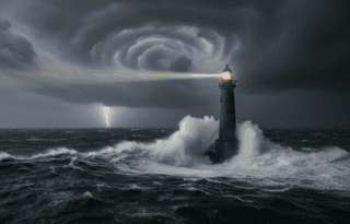 A sturdy lighthouse standing firm against crashing waves during a storm, symbolizing financial stability during market volatility.