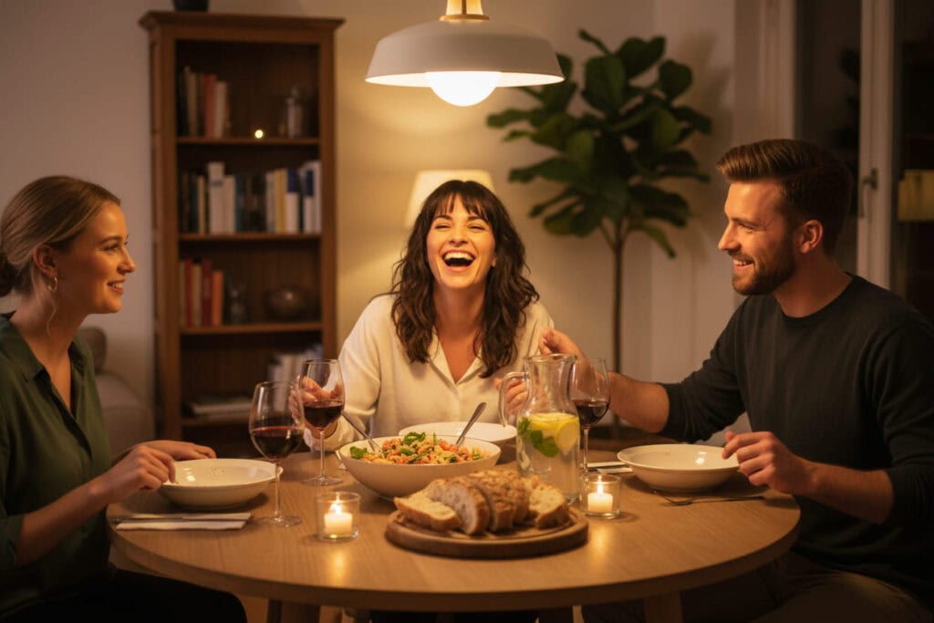 Friends enjoying a cozy dinner party at home, representing high-quality social life on a budget.