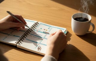 Hands writing in a budget planner on a wooden table with coffee, illustrating organized financial habits.
