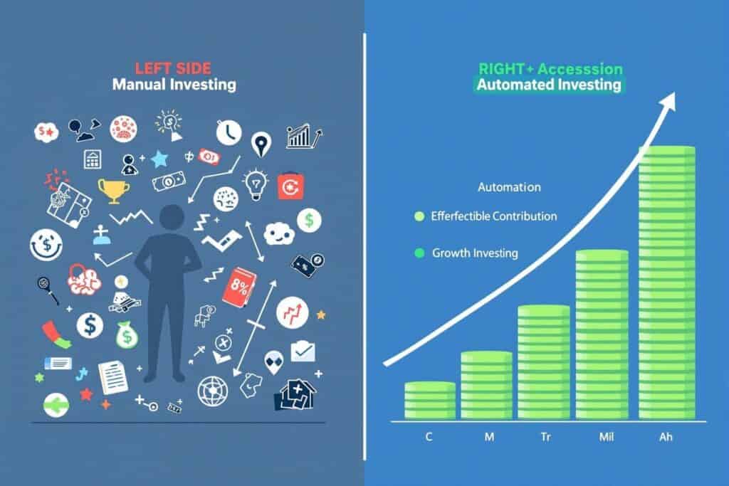 Side-by-side comparison illustrating the difference between manual investing requiring constant willpower versus automated investing delivering consistent results