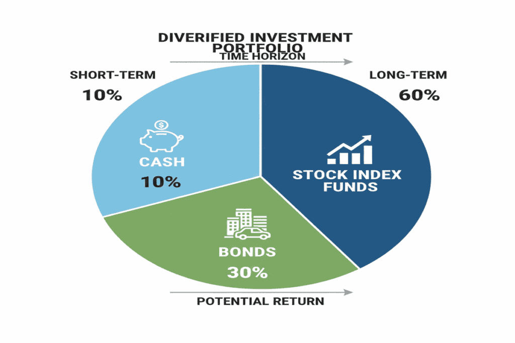 Illustration of a diversified investment portfolio showing different allocations for short-term, medium-term, and long-term goals in cash, bonds, and stock index funds