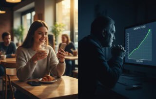 A split-screen comparison showing a young adult happily spending money in a cafe on the left, contrasted with an older adult analyzing a growing stock market chart on the right, symbolizing the long-term impact of financial choices.