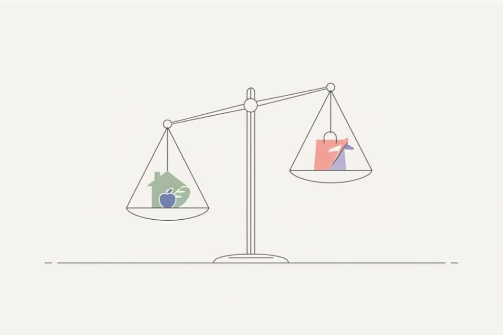 Illustration of a balanced scale comparing needs versus wants, a key concept in this beginner’s guide to making smarter money decisions.