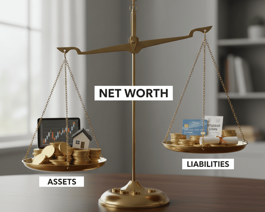 A large balance scale visually representing the Net Worth equation. On one side, a heavy pile of assets (gold coins, a house icon, a stock chart) is weighing down the scale. On the other side, a lighter pile of liabilities (a credit card icon, a student loan paper) is lifting up. The fulcrum is labeled "Net Worth."