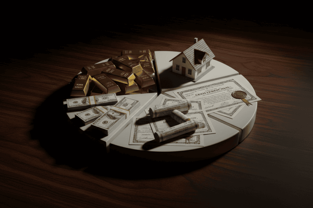 A 3D pie chart made of physical objects including gold bars, a house model, stock certificates, bonds, and cash on a dark wooden desk, representing diversified asset allocation.