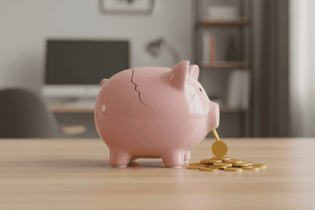 A visual representation of a "leak" in finances—a piggy bank with a small crack at the bottom where coins are slowly trickling out, symbolizing the slow drain of monthly fees.