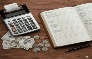 A close-up, overhead shot of a wooden desk with a vintage calculator, a handwritten ledger book showing budget categories, and a few scattered US dollar bills and coins, representing traditional financial planning.