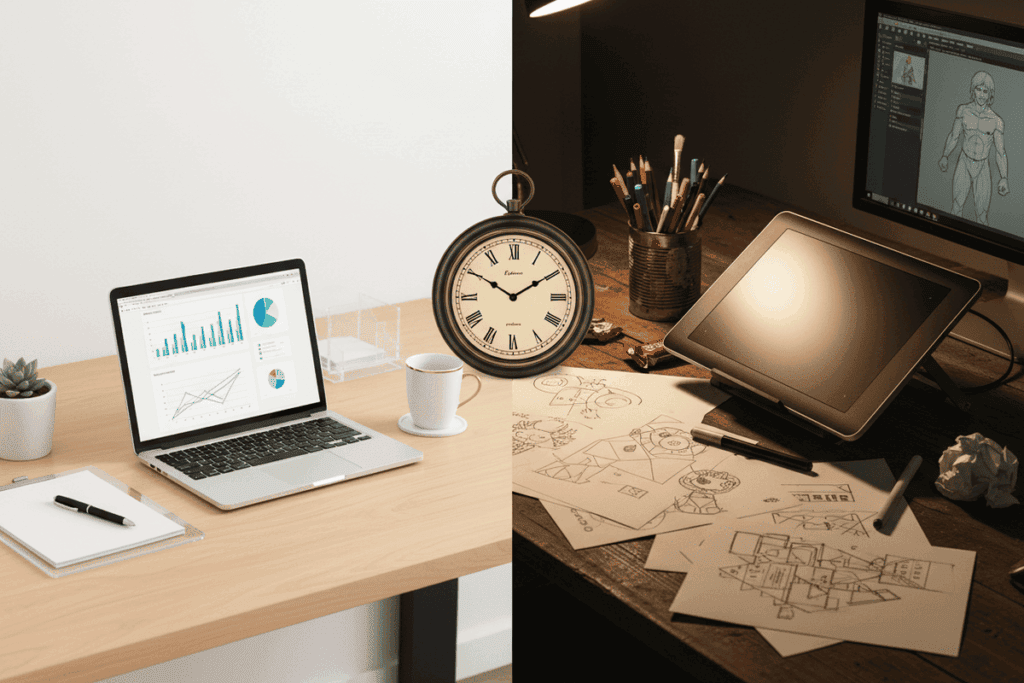 A person sitting on a park bench with eyes closed, taking a deep breath with a blurred city skyline in the background.
