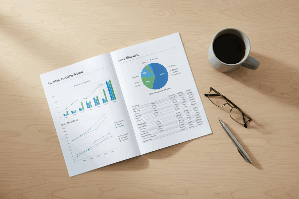 A printed investment statement on a wooden desk next to reading glasses, a pen, and a cup of black coffee, illuminated by natural light.