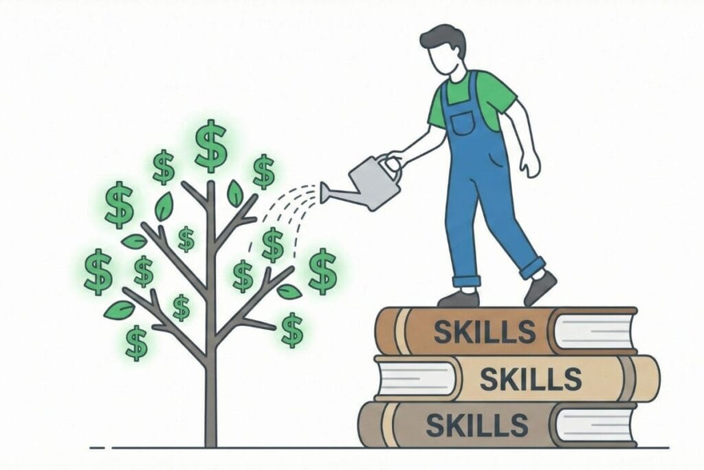 Illustration of a person standing on books labeled Skills watering a tree of money, showing how value leads to higher earnings.