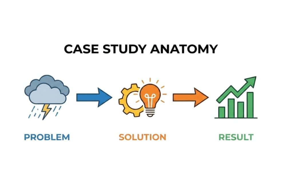 A diagram illustrating the 'Problem, Solution, Result' (PSR) framework for creating high-converting case studies in a portfolio.
