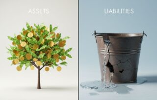 Split screen showing a growing money tree representing assets versus a leaky bucket representing liabilities, illustrating the difference between assets and liabilities in everyday life.