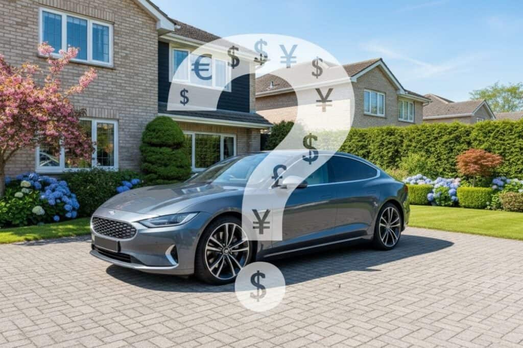 A modern car in a driveway with a question mark overlay, questioning if a vehicle is an asset or a liability in everyday life.