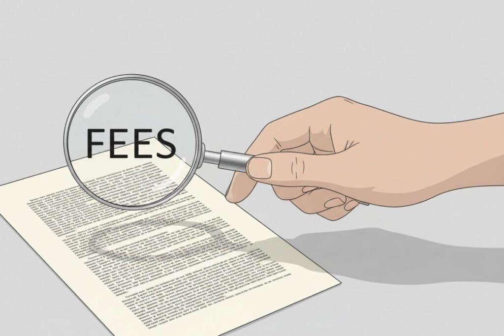 A magnifying glass highlighting the word FEES on a document, illustrating a common investing mistake to avoid.