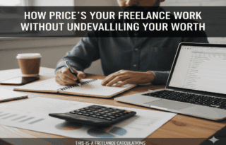 A close-up shot of a freelancer's desk with a calculator, notebook filled with financial figures, and a laptop displaying a spreadsheet. The scene emphasizes the detailed process of calculating expenses and desired income for freelance work, with a focused and organized individual in the background.