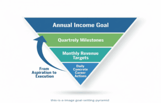 A visual representation of an inverted pyramid illustrating the process of breaking down a large annual goal. The top, widest section is 'Annual Income Goal.' Below it, the section narrows to 'Quarterly Milestones.' The third section is 'Monthly Revenue Targets,' and the bottom, narrowest section is labeled 'Daily Concrete Career Actions,' showing a clear path from aspiration to execution.