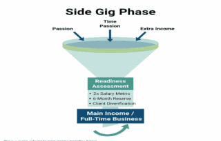 A conceptual diagram showing a funnel titled 'Side Gig to Main Income Transition Funnel.' The top of the funnel is wide, labeled 'Side Gig Phase,' with inputs like 'Time,' 'Passion,' and 'Extra Income.' The middle, narrower section is 'Readiness Assessment,' listing criteria like '2x Salary Metric,' '6-Month Reserve,' and 'Client Diversification.' The bottom, output section is labeled 'Main Income/Full-Time Business,' representing the successful transition.