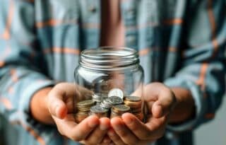 live below your means by saving spare coins in a glass jar held with both hands, symbolizing mindful budgeting and everyday financial discipline